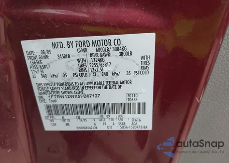 2005 Ford F-150 Xlt z USA, uszkodzony, nr VIN 1FTRW12WX5FB67127